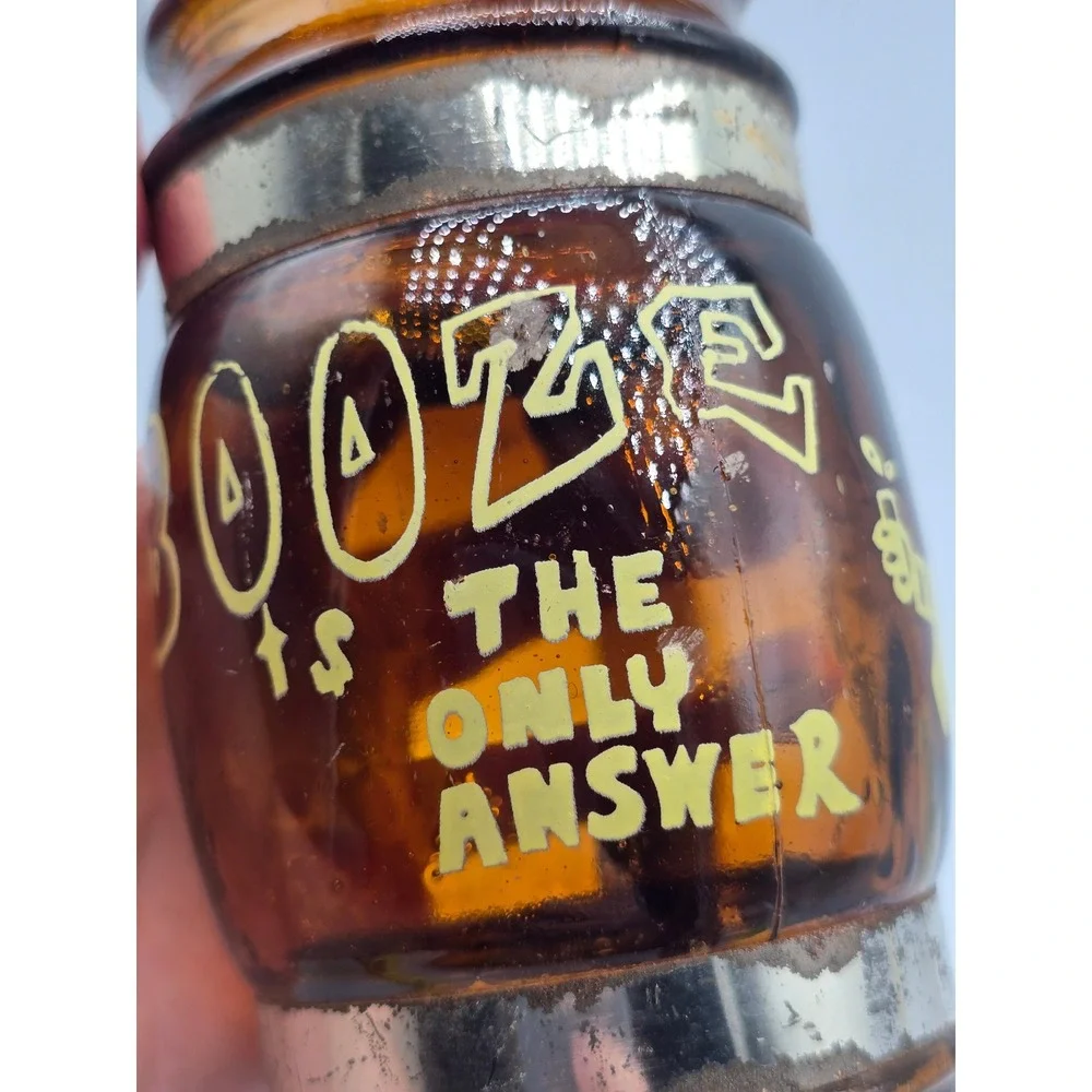 Vintage 70s Siesta Ware Amber Glass Barrel Mug Booze Is The Only Answer Woo